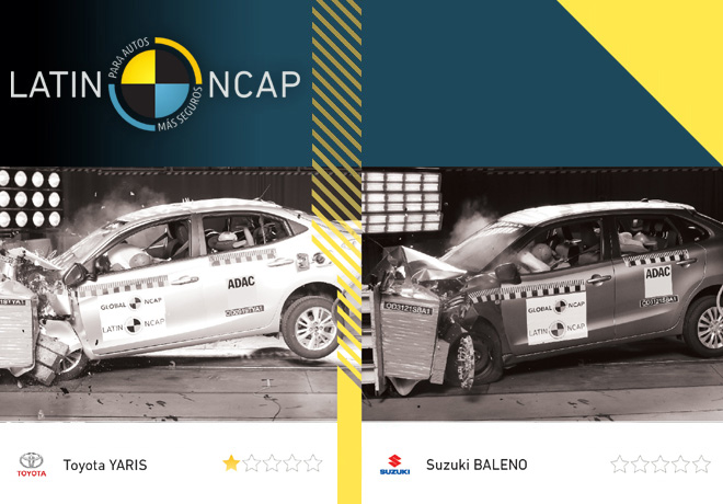 Nuevos resultados de Latin NCAP: Cero estrellas para Suzuki Baleno y una estrella para Toyota Yaris.